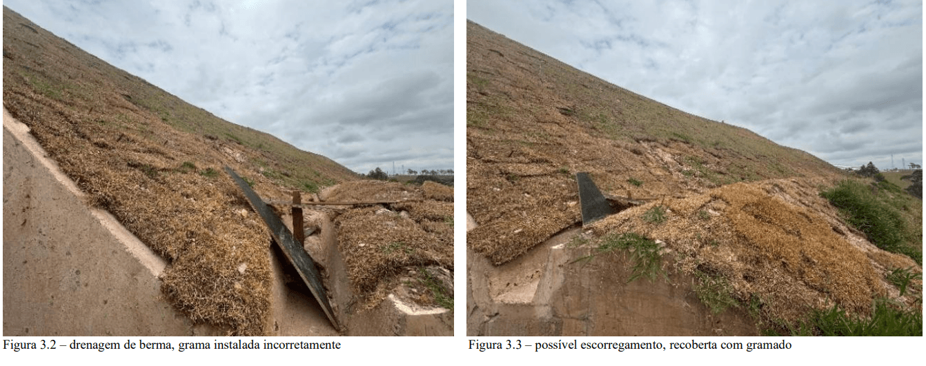 Drenagem de berma e talude com indícios de escorregamento e recomposição superficial.