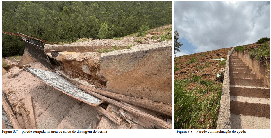 Canaleta de berma: sinais de fissuras e pontos de descontinuidade.