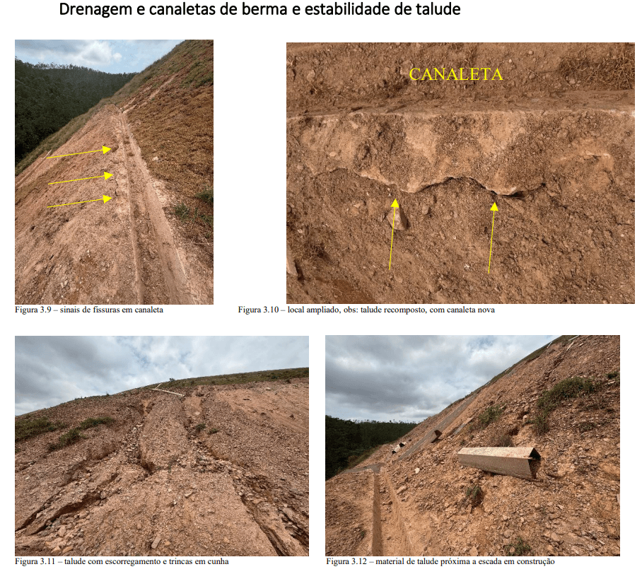 Talude recomposto com indícios de desgaste e escorregamentos.
