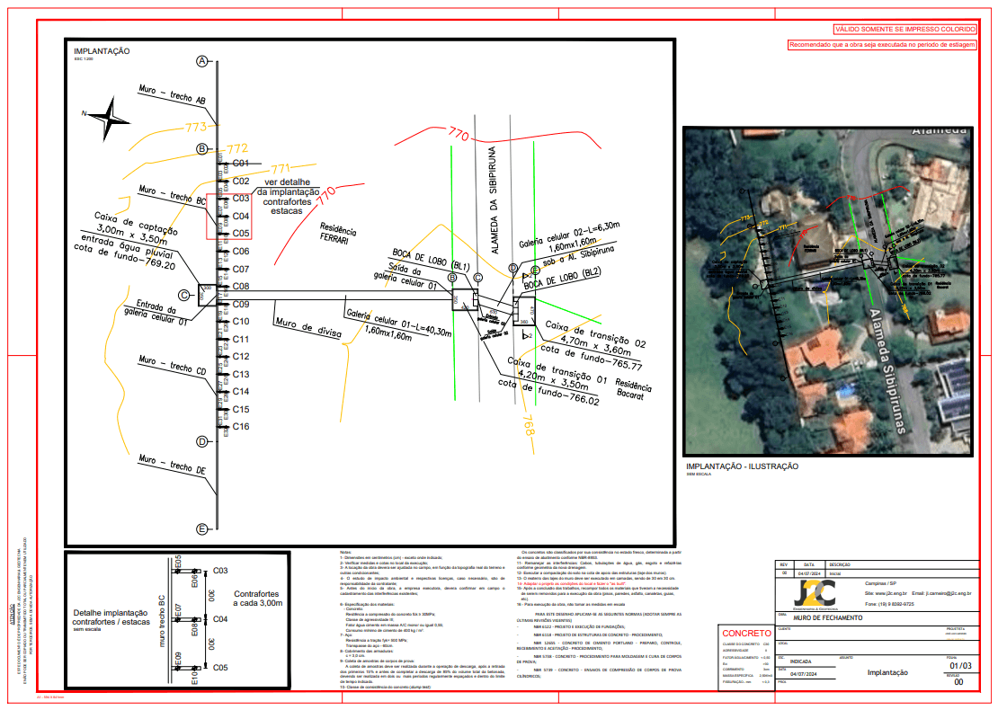 Prancha do muro de fechamento com implantação por trechos e detalhamento de elementos estruturais (ex.: contrafortes/estacas), com ilustração sobre imagem aérea para contextualização (sem identificar endereço/proprietários).
